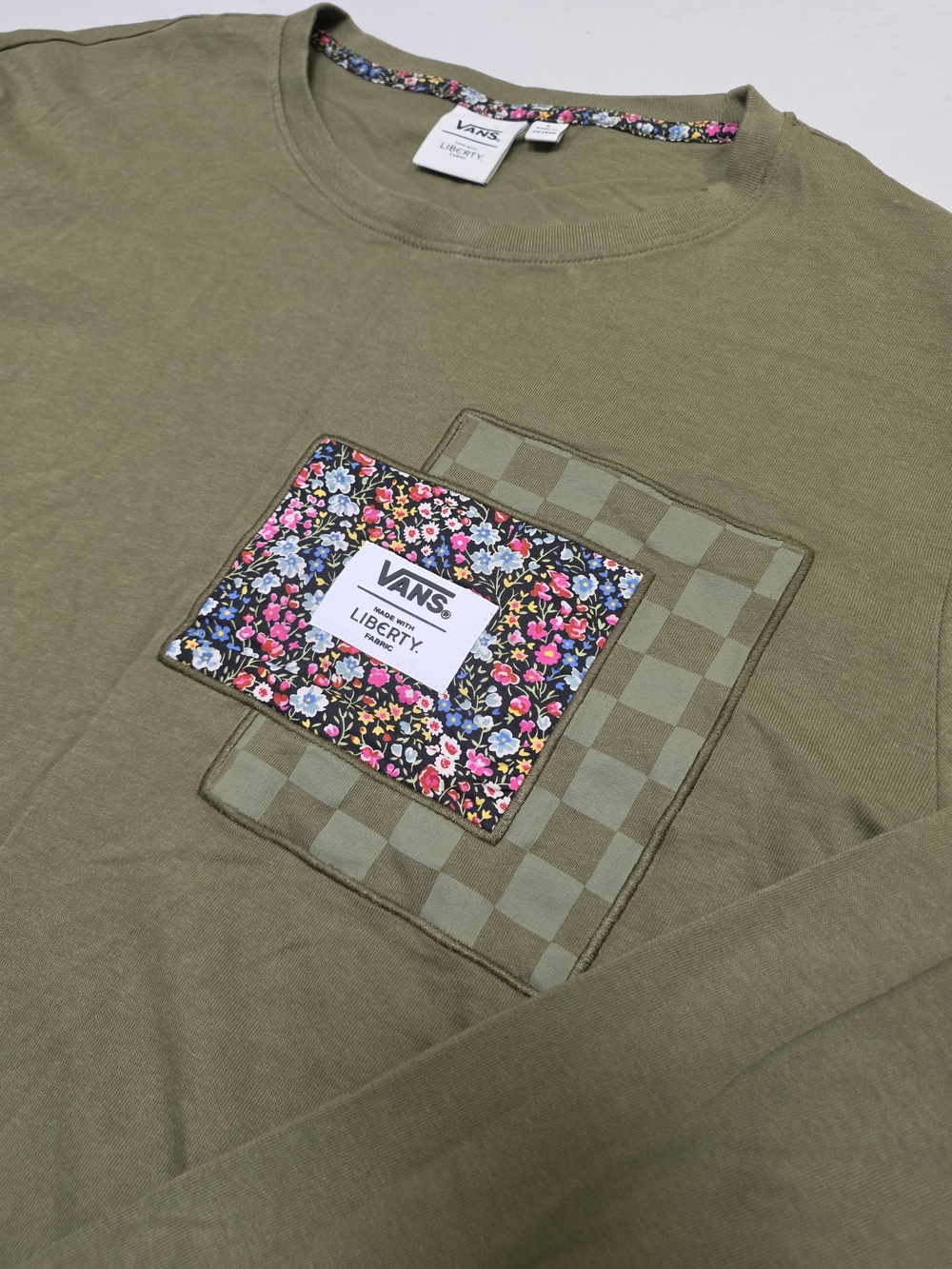 Vans X Liberty Olive Green Long Sleeve Tee with Floral Checker Pocket